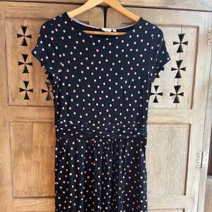 Boden Amelie Dress – Black with Pink Polka Dots – Size 8